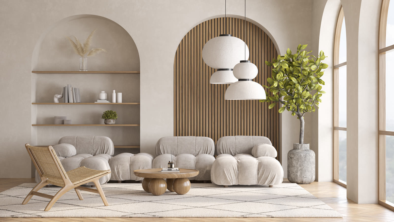 Sala beige com arcos